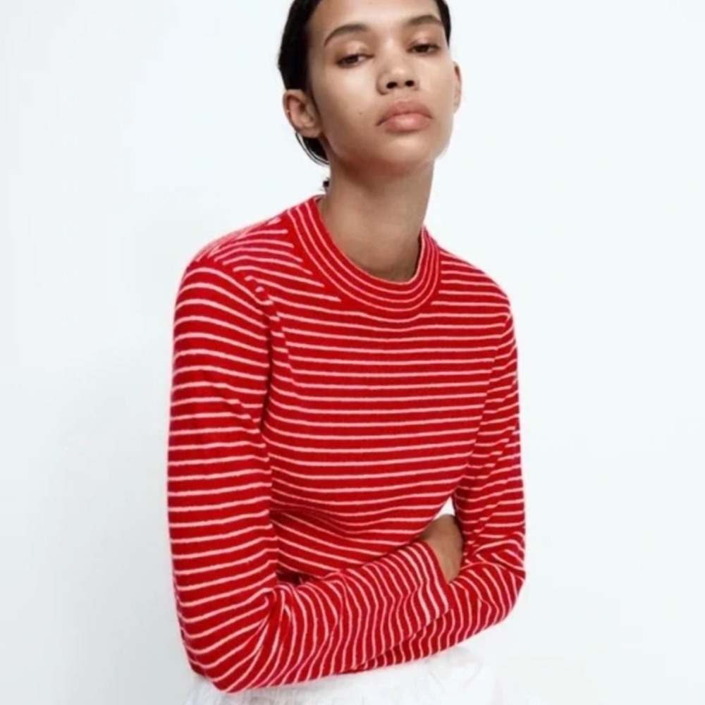 Zara Red White Striped Knit Sweater Crew Neck Long Sleeve Pullover Large